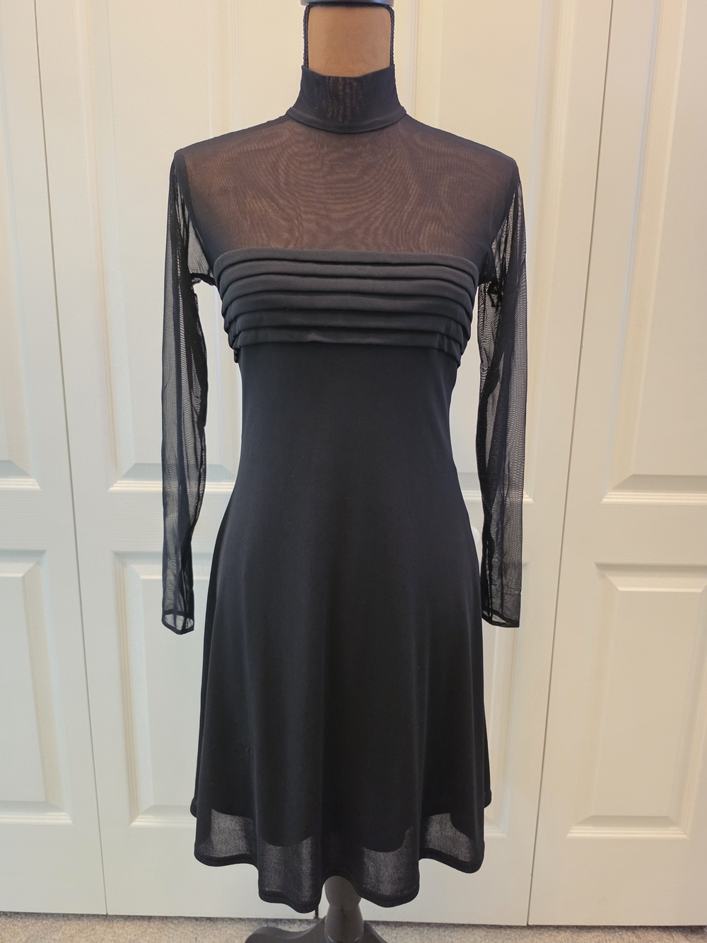 VTG Tadashi Shoji Black Mock Neck Long Sleeve Mesh Mini Dress 90s Whimsigoth